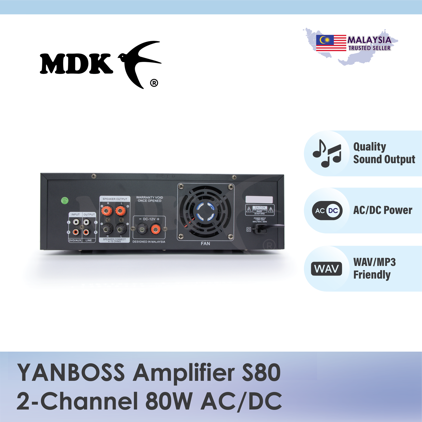 YANBOSS Amplifier S80 2-Channels 80Watt AC/DC Power for Swiftlet Farming Rumah Burung Walet - Image 3