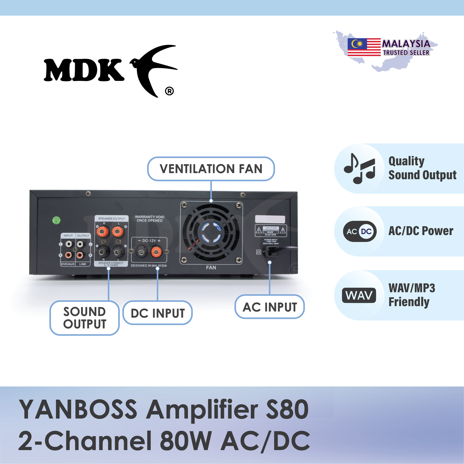 YANBOSS Amplifier S80 2-Channels 80Watt AC/DC Power for Swiftlet Farming Rumah Burung Walet - Image 4