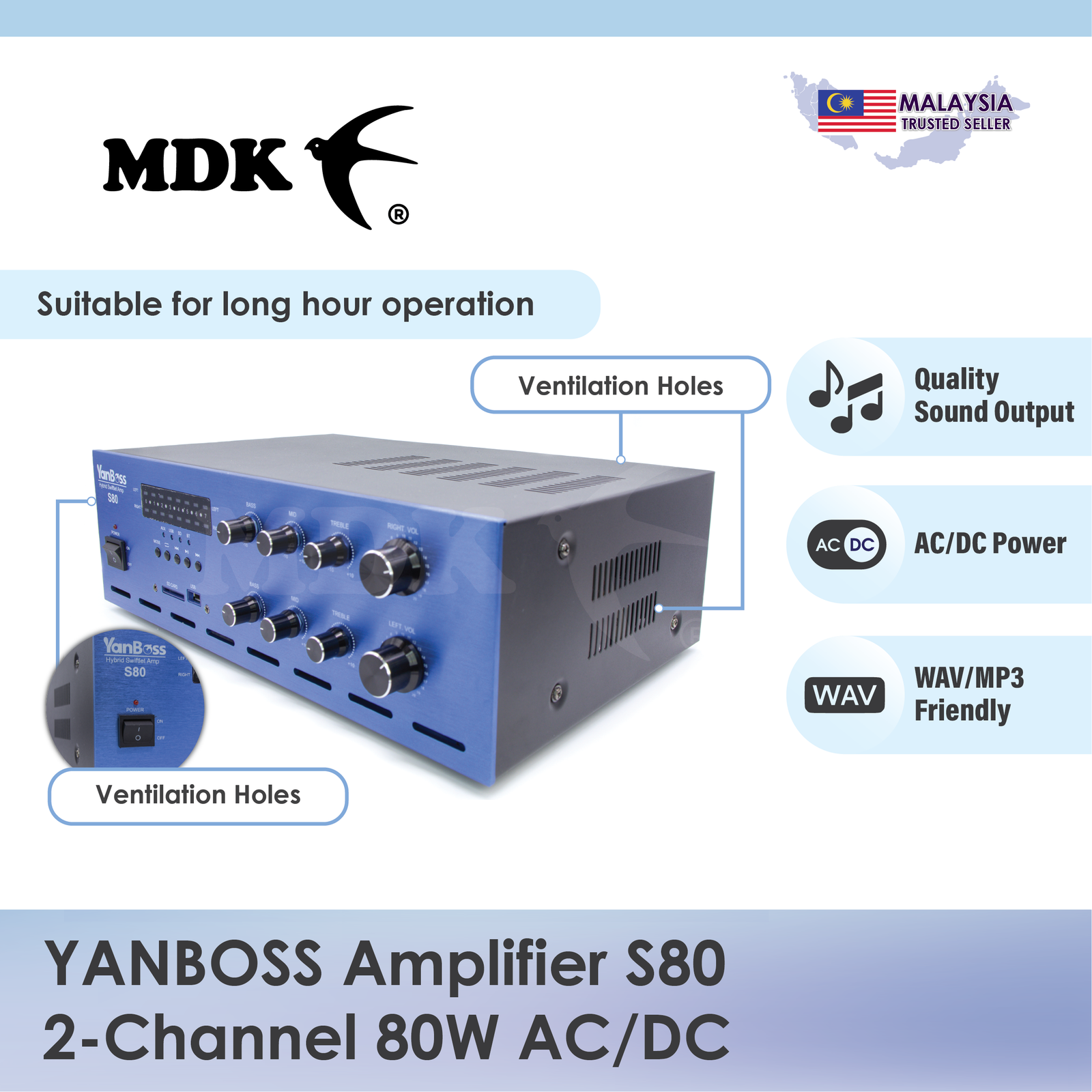 YANBOSS Amplifier S80 2-Channels 80Watt AC/DC Power for Swiftlet Farming Rumah Burung Walet - Image 5