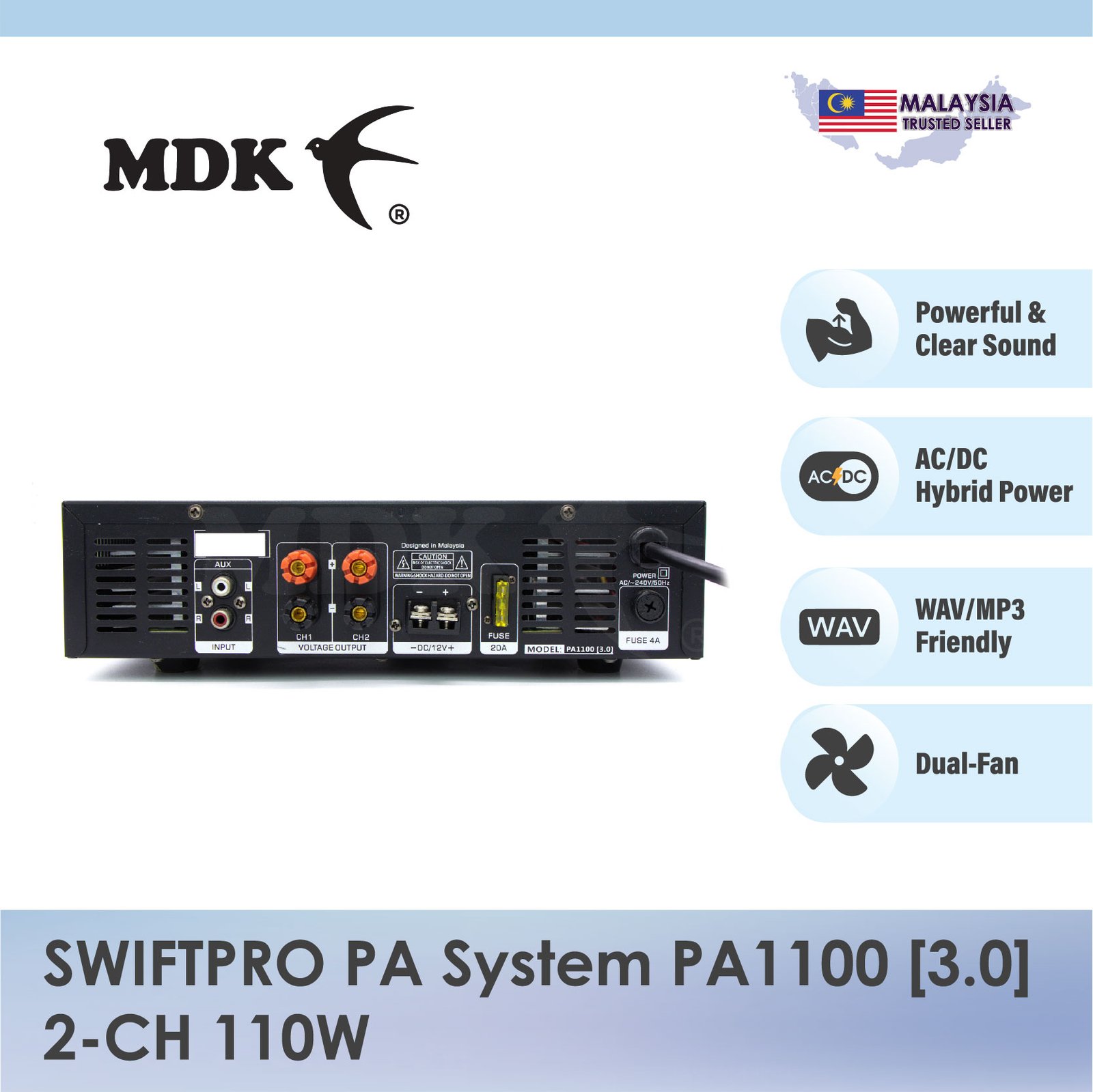 SWIFTPRO PA System PA1100 2-CH 110W AC/DC Hybrid Professional Swiftlet Farming Amplifier - Image 2