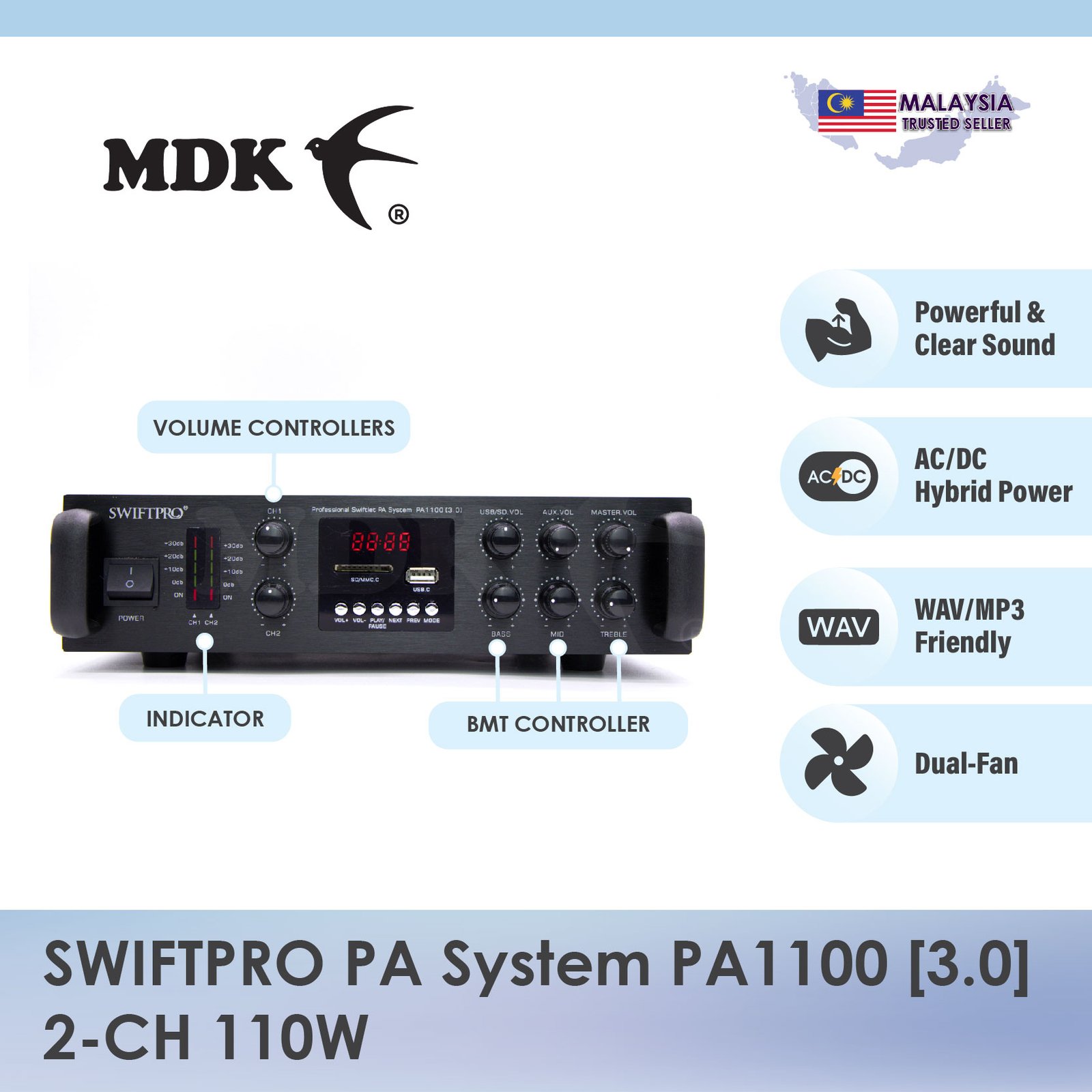 SWIFTPRO PA System PA1100 2-CH 110W AC/DC Hybrid Professional Swiftlet Farming Amplifier - Image 3