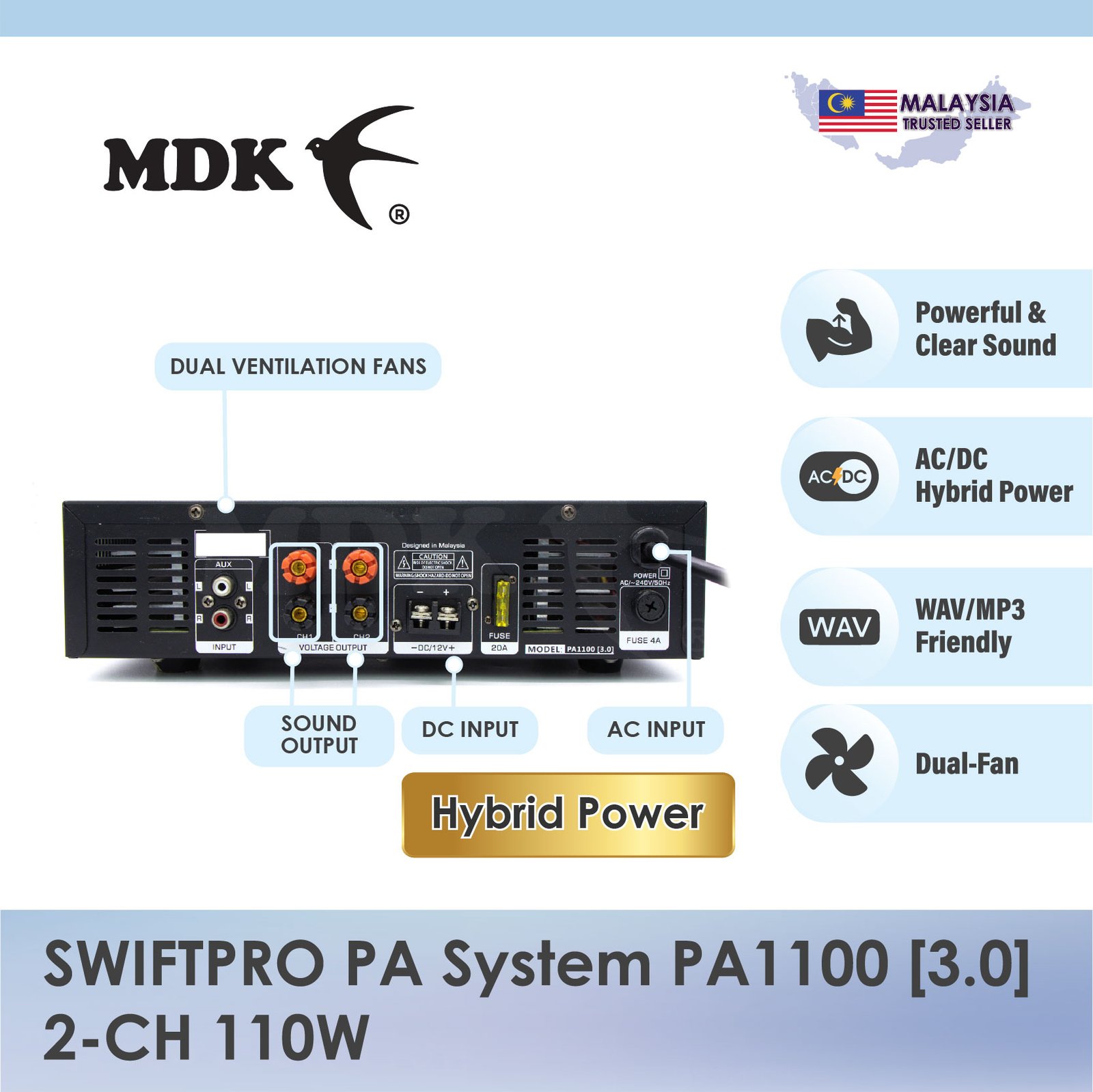 SWIFTPRO PA System PA1100 2-CH 110W AC/DC Hybrid Professional Swiftlet Farming Amplifier - Image 4