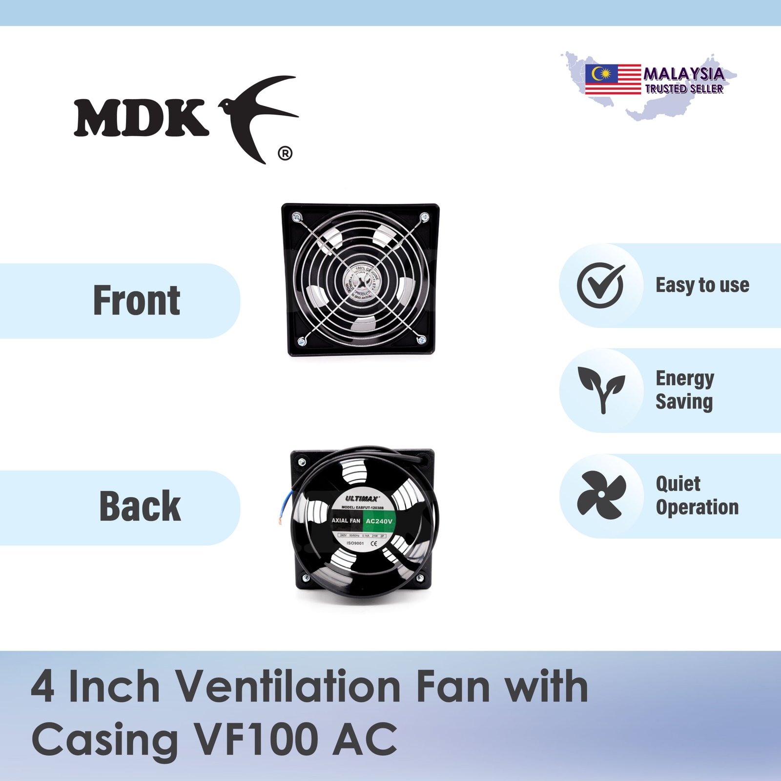 4" Ventilation Fan with Casing VF100 AC (Double Ball Bearing Fan) for Swiftlet Farming - Image 4