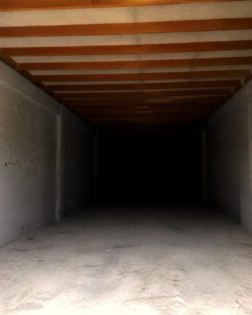 Daylight from the entrance hole reaching only a few feet into a swiftlet house, nesting planks overhead, darkness beyond - MDK Swiftlet