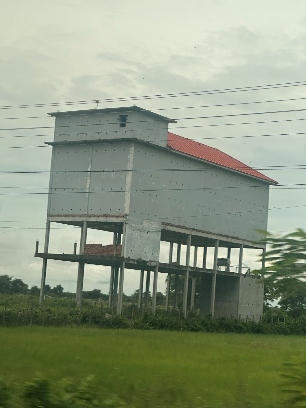 A swiftlet house on pillars beside a field in Cambodia