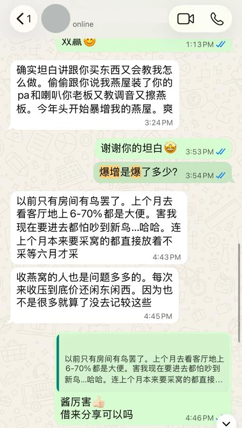 WhatsApp conversation with an MDK customer, name and photo blurred out. He says his swiftlet house has seen an explosive increase in birds since installing the PA system and speaker, after months of near-empty rooms.